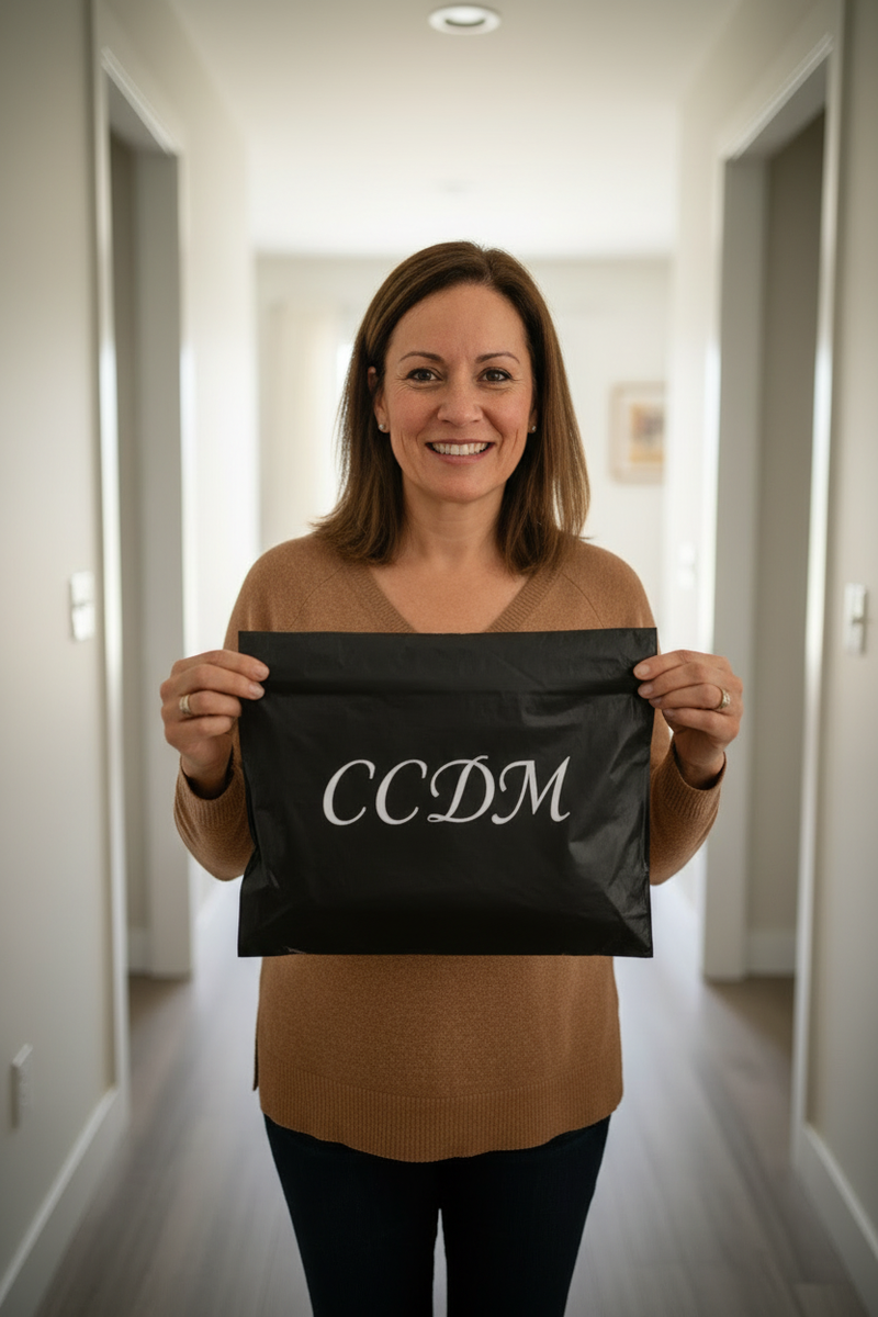 Mujer elegante en pasillo con bolsa CCDM