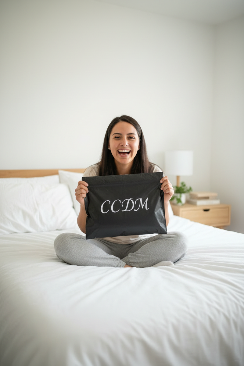 Mujer joven en cama con bolsa CCDM
