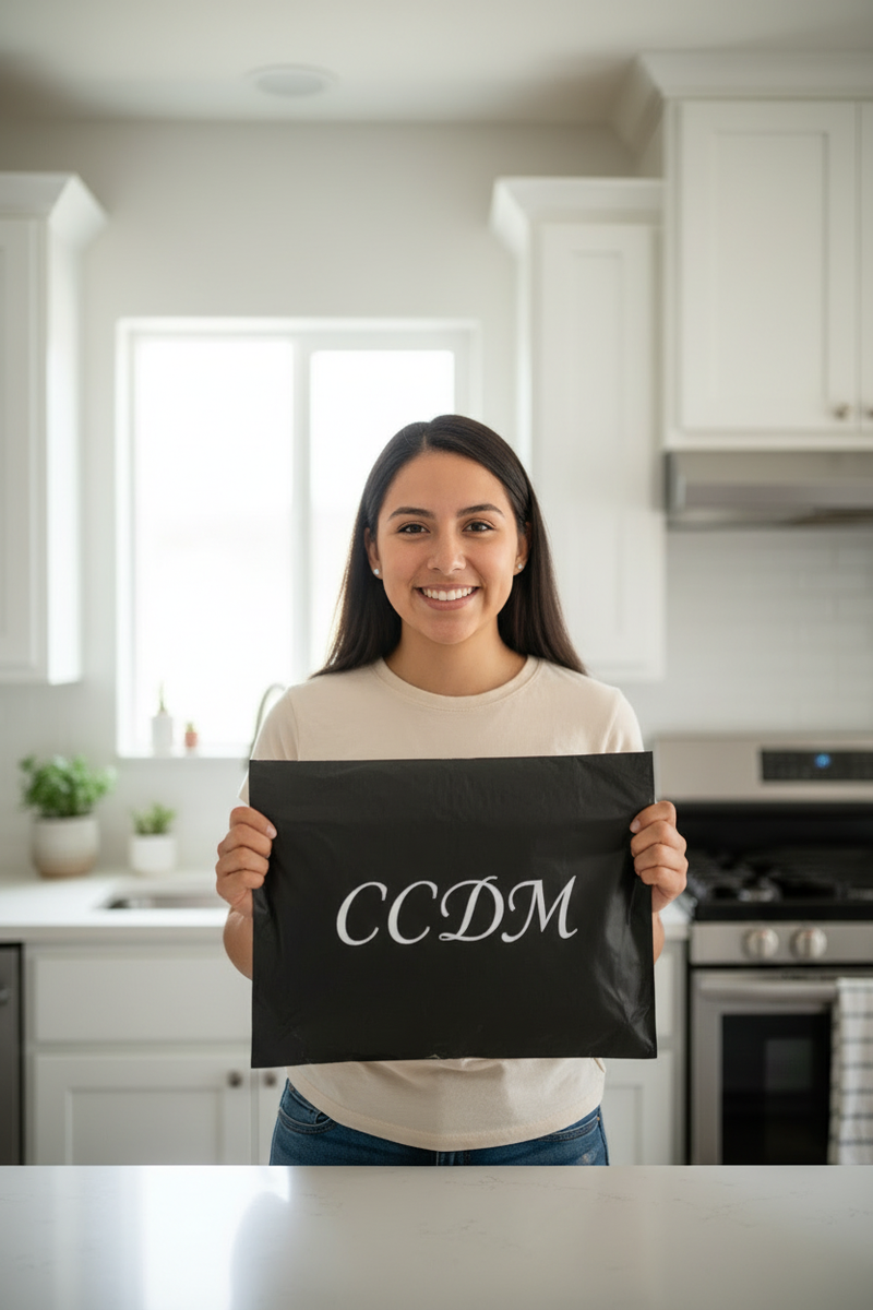 Mujer joven en cocina con bolsa CCDM